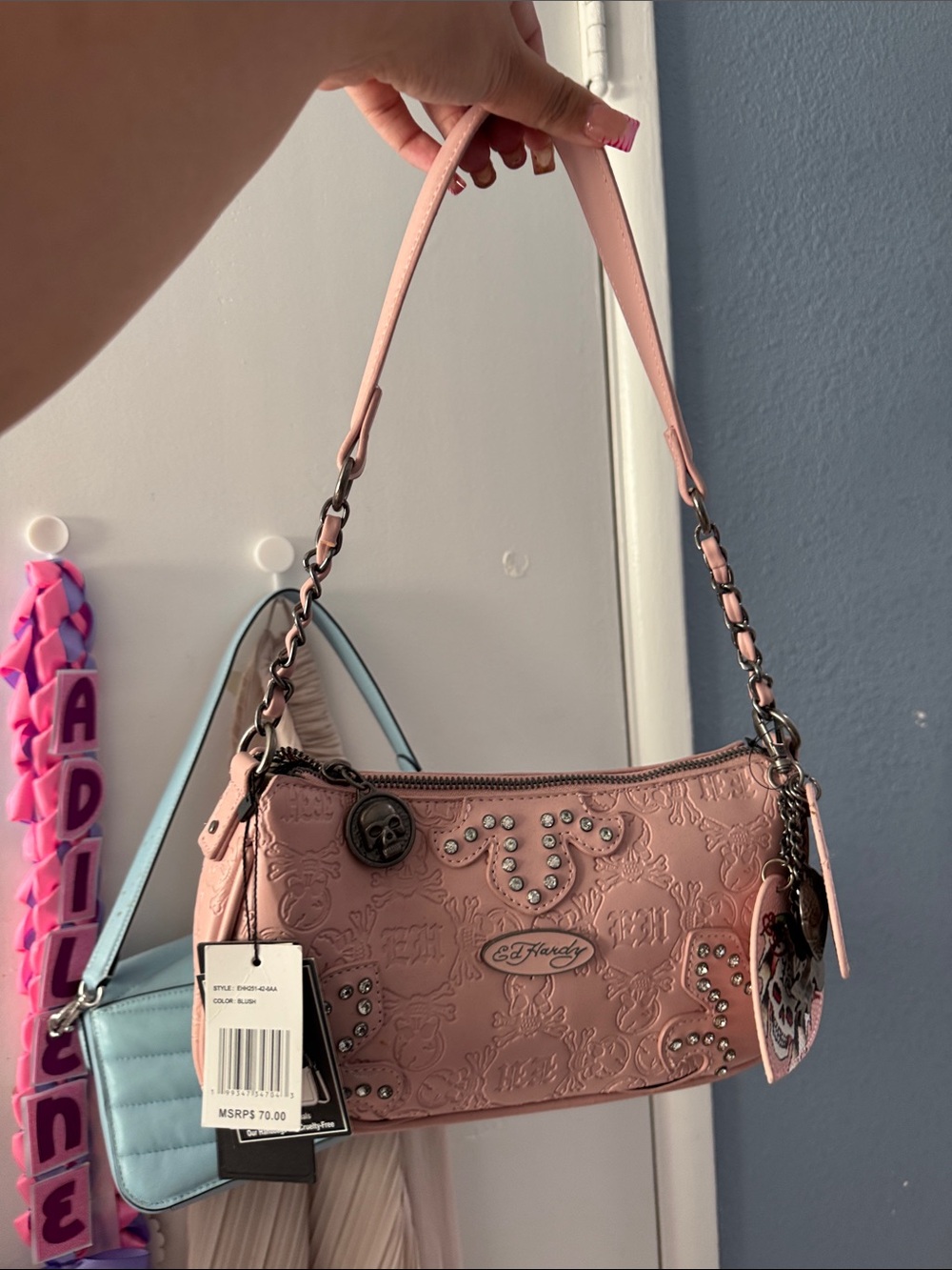 Ed Hardy Pink Embossed Shoulder Bag with Stud Accents
